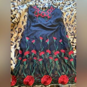Forever 21 Women Midi Dress: Black with red floral embroidered sheer overlay, sL